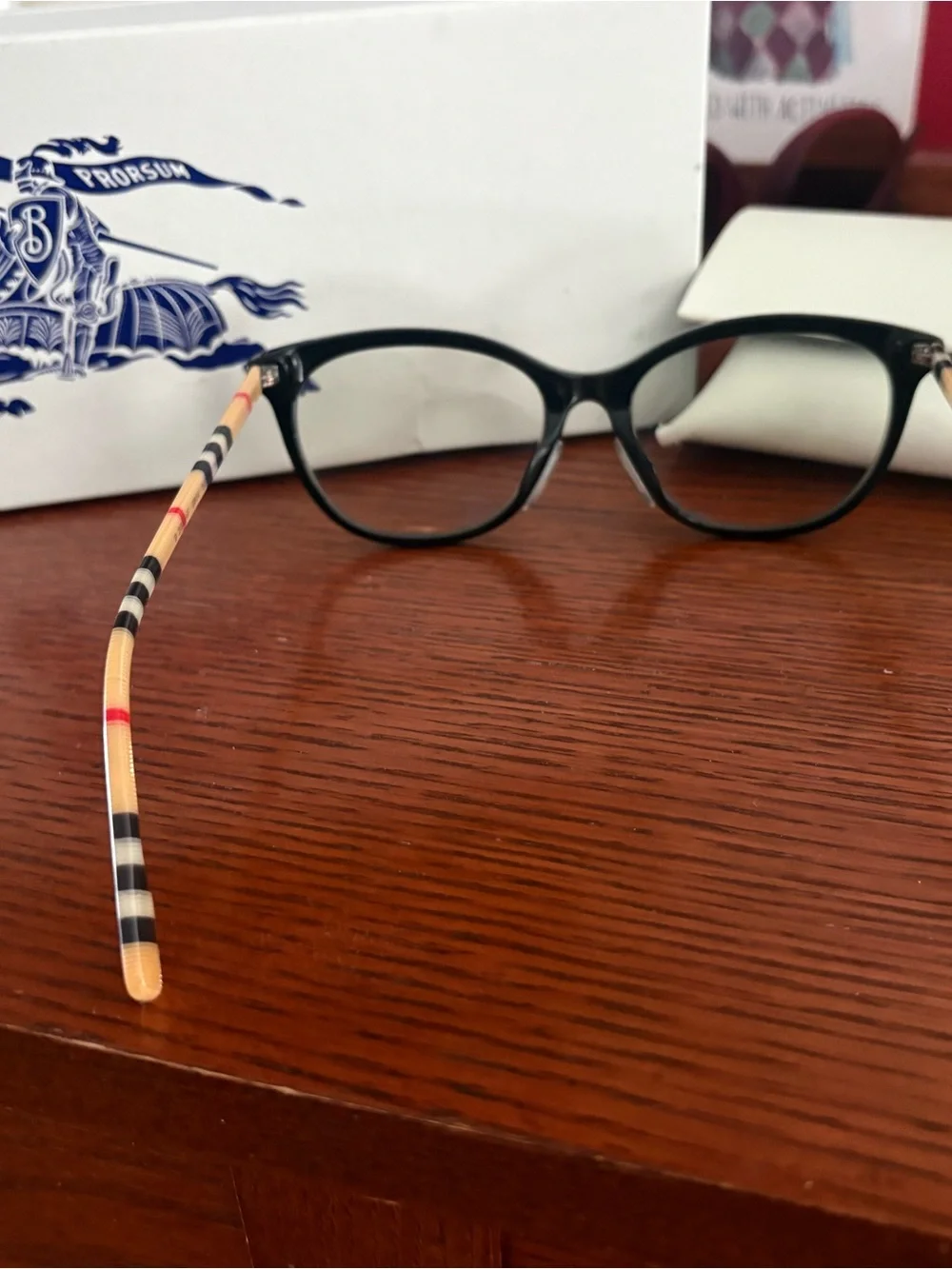 Burberry Black Cat-Eye Glasses with Signature Check Temples-lenses not included